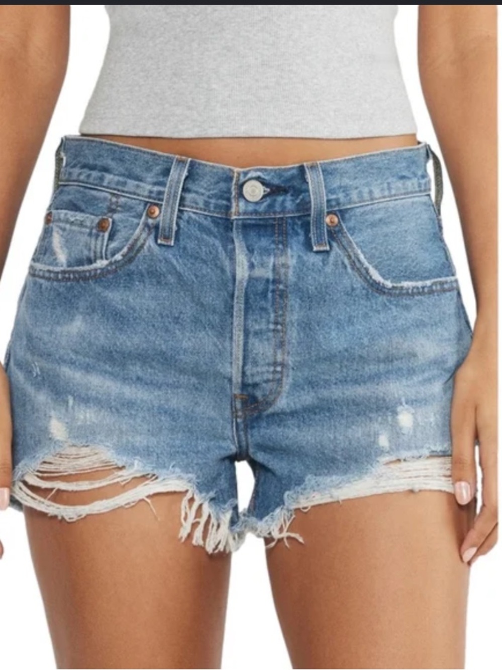 High-Rise Distressed Denim Shorts - Blue
